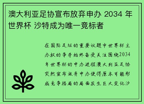 澳大利亚足协宣布放弃申办 2034 年世界杯 沙特成为唯一竞标者