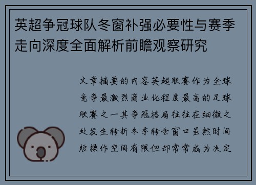 英超争冠球队冬窗补强必要性与赛季走向深度全面解析前瞻观察研究 英超争冠球队冬窗补强必要性与赛季走向深度全面解析前瞻观察研究